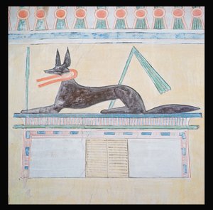 Anubis, ägyptischer Gott der Toten, liegend auf einem Sarkophag, Wandmalerei im Taltempel der Pyramide von Menkaure, Altes Reich, ca. 2613-2494 v. Chr. (Wandmalerei)